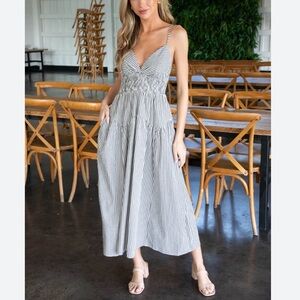 Striped Smocked Waist Midi Dress in Black & White